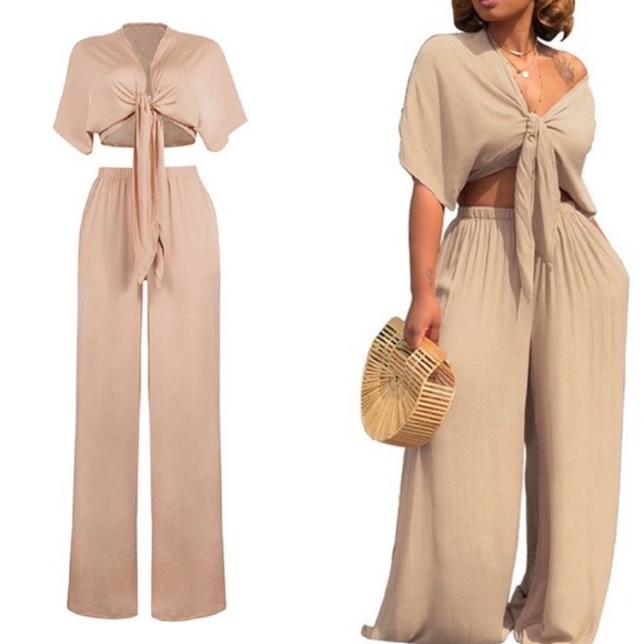 Tops - Tan Two Piece Crop Top and Pant Set
